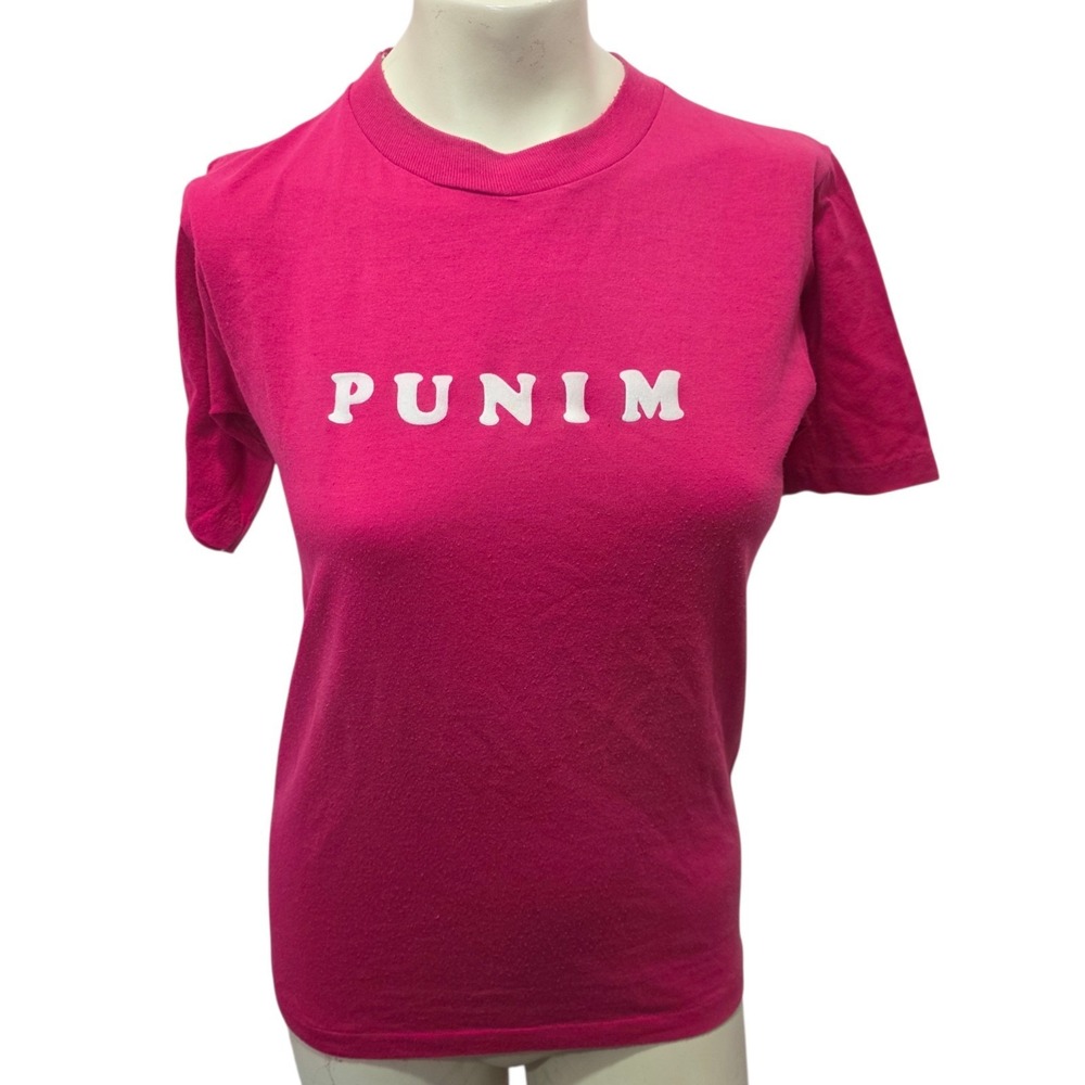 Vintage 80s Punim T Shirt Pink Sportswear USA Made Single Stitch Jewish Yiddish